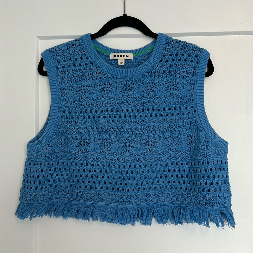 Boden Cropped Fringe Crochet Vest, Porcelain Blue, XL